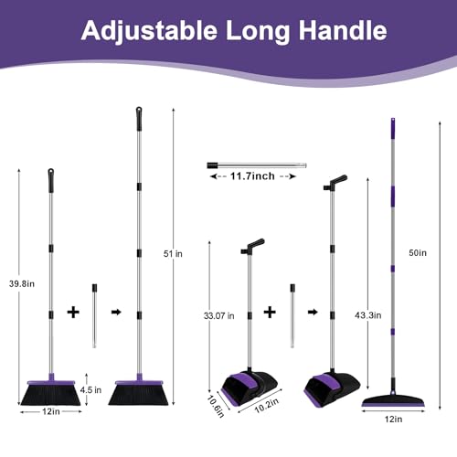 UDUK Broom with Dustpan Combo Set and Silicone Air Broom Kit, 51" Long Handle Floor Squeegee, Purple Household Kit for Glass Window Rugs Pet Hair Home