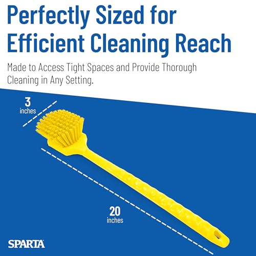 SPARTA 20" Floater Scrub Brush with Long Handle, Oil-Resistant Polyester Bristles, Multiple Trim Angles, Foam-Injected Polymer Block, Commercial Cleaning Tool, Yellow