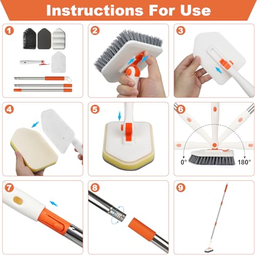 Long Handled Scrub Brush for Shower，3-in-1 Cleaning Brushes with 3 Different Function Cleaning Heads Brush for Shower Cleaning Bathroom Kitchen Walls Tub Tile