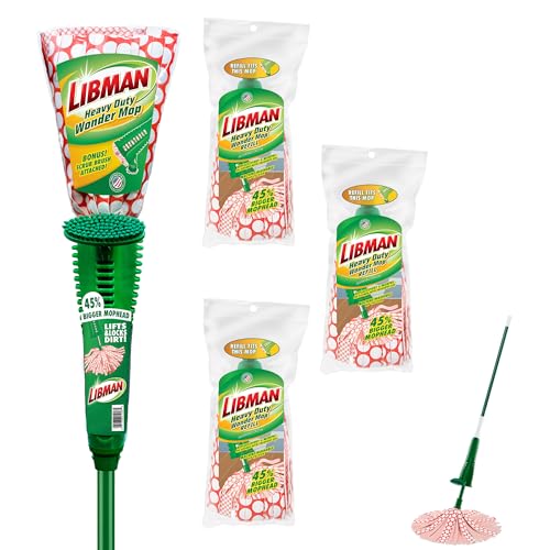 Libman Heavy Duty Wonder Mop Plus 3 Refill Heads | Absorbent Microfiber | Self Wringing Mop | Household Mops, Buckets & Accessories | Machine Washable | Multi-Surface Floor Mop | 3 Replacement Heads