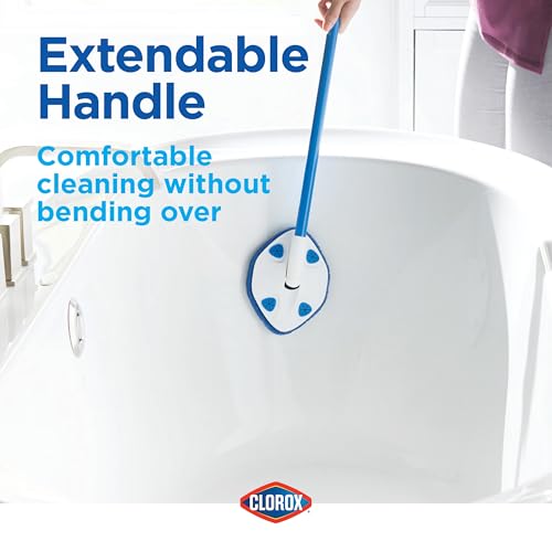 Clorox Extendable Tub & Tile Scrubber with Polyurethane Head – Heavy Duty Bathroom Cleaning Brush with Bonus Refill, Pivoting Head, Replaceable Pad, Works with Clorox Wipes