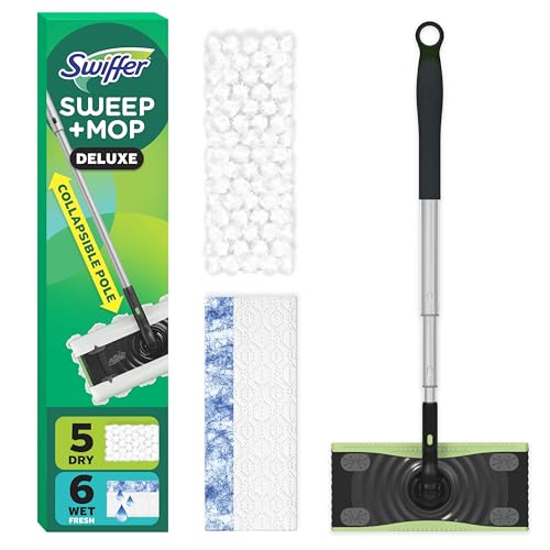 Swiffer Sweep & Mop Deluxe 2-in-1 Multi-Surface Kit for Floor Cleaning, Includes 1 Sweeper Device, 5 Dry Sweeping + 6 Wet Mopping Heavy Duty Cloths, Black
