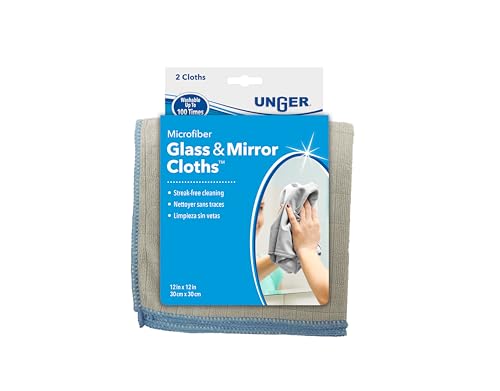 Unger 12” x 12” Microfiber Glass and Mirror Cloths, 2 Pack, Wet and Dry Cleaning Towels, Reusable Supplies, Window Cleaner Polishing Cloth with Streak-Free Results