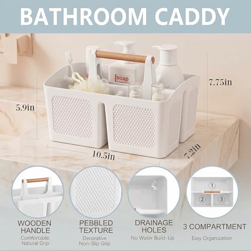 Haundry Plastic White Shower Caddy Basket with 3 Compartments, Portable Divided Bathroom Cleaning Caddy Organizer Storage Tote with Handle for Dorm, College, Room Essentials