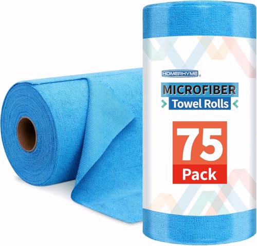 HOMERHYME Microfiber Cleaning Cloth Roll, 75 Pack Tear Away Microfiber Towel, Reusable Washable Shop Towels, Lint Free All-Purpose Cleaning Rags Wash Cloths for Home Car Kitchen Automotive 11.5"x11.5"