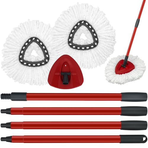 Mop Replace Heads Mop Handle and Base Replacement for O Cedar EasyWring 1-Tank Spin Mop System, 2 Microfiber Mops Refills, 4-Section Iron Mop Handle 30-58Inch and 1 Mopping Heads Cover Set (No Bucket)