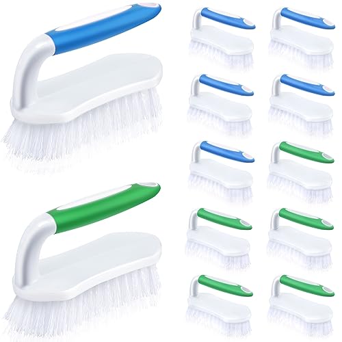 Lallisa 12 Pcs Scrub Brush for Cleaning with Handle Comfortable to Grip Heavy-Duty Flexible Stiff Bristles Scrubber Brushes Bulk for Shower Bathroom Carpet Kitchen Floor Tiles (Blue,Green)
