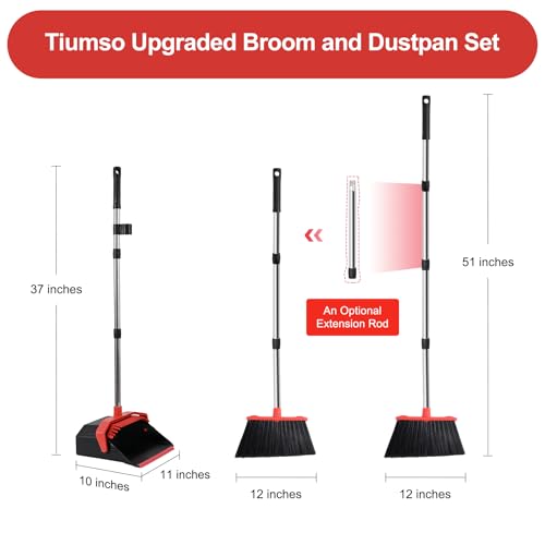 Tiumso Upgrade Broom with Dustpan Combo Set, Broom and Dustpan Set with 51'' Long Handle, Dust Pan and Brooms, ZeroGap Lip, Self-Cleaning Dustpans Teeth for Lobby Kitchen Restaurant - Black and Red