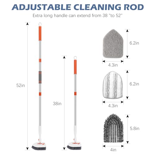 SetSail Tile Tub Scrubber Brush 3-in-1 Shower Scrubber with 52-inch Adjustable Long Handle Shower Cleaner Brush and 3 Detachable Replacement Brush Heads for Cleaning Bathroom Kitchen Walls Tub Tile