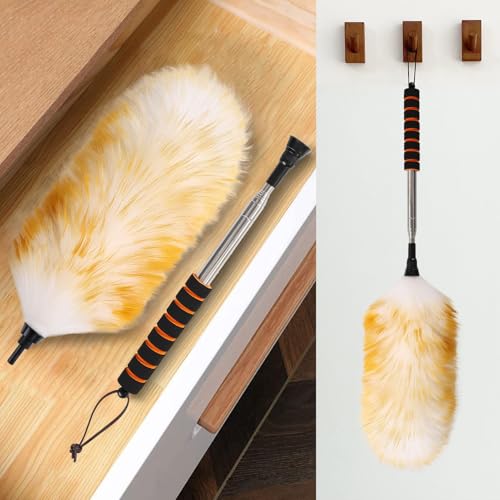 Lambswool Extendable Cleaning Duster 26-64 Inch, Anti-Static Wall Duster Cleaner with Sponge Grip and Stainless Steel Extension Pole for High Ceiling Fan, Interior, and Roof Dusting - Yellow & White