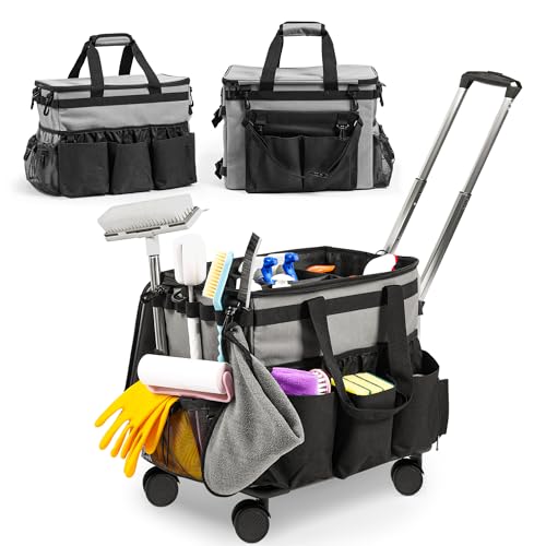 THKW Large Rolling Cleaning Caddy Bag w/Detachable Trolley & Lid - Portable Cleaning Cart on Wheels w/Shoulder Strap & Waist Pouch - Cleaning Supplies & Tool Organizer for Home, Office, Car (Gray)