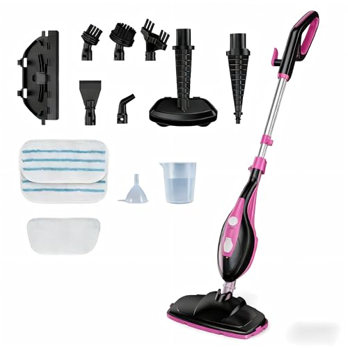 OLIXIS 10-in-1 Steam Mop, 1550W Detachable Handheld Steam Cleaner for Floor Cleaning, 16.4FT Cord, 2 Washable Pads, Multi-Purpose Floor Steamer for Hardwood, Carpet, Tile, Grout, Windows, Black Pink