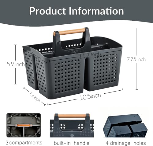 PAKCHOICE Portable Shower Caddy Basket with Wood Handle, 3-Compartment Bathroom Organizer Tote with Drain Holes, Plastic Shower Basket for Dorm, Toiletries, Cleaning Supplies, Dark Gray