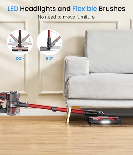 CHEBIO Lightweight Cordless Vacuum Cleaners for Home, Stick Vacuum Cordless Rechargeable with 45kPa Suction,45-Min Run,Anti-Tangle and Self-Stand, 6 in 1 Hardwood Vacuum Cleaner (red)