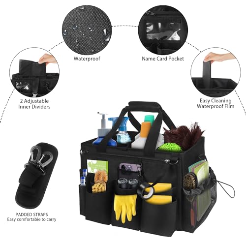 BOHEMIABY Large Cleaning Caddy Tote with Removable Divider, Heavy-Duty Wearable Apron Organizer with Pockets for Housekeeping, Cleaning Supplies, Tools (Black)