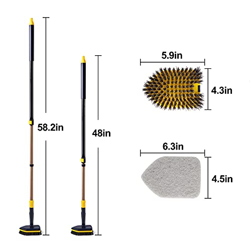 Yocada Tub Tile Scrubber Brush 2 in 1 Cleaning Brush 4*Scouring Pads 58.2 Inch Adjustable Telescopic Pole Stiff Bristles for Cleaning Bathroom Kitchen Toilet Wall Tub Tile Sink Non Scratch