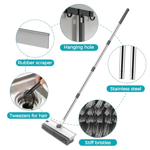 SetSail Floor Scrub Brush, 3 in 1 Floor Scrub Brush with 54-in Adjustable Long Handle and Scraper Heavy Duty Stiff Bristle Floor Scrubber for Cleaning Shower Bathroom Kitchen Patio Garage, Grey&White