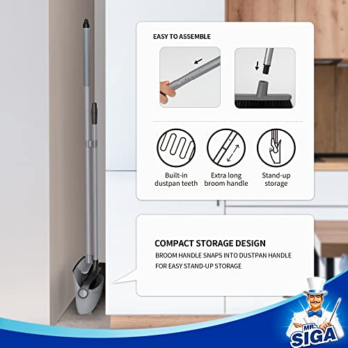 MR.SIGA Broom and Dustpan Set with Adjustable Long Handle, Upright Combo for Floor, Cleaning Lobby, Gray