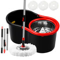 Spin Mop and Bucket with Wringer Set,360° Mop and Bucket System with 3 Microfiber Mop Refills and 50" Extended Handle for Floor Cleaning (Black)