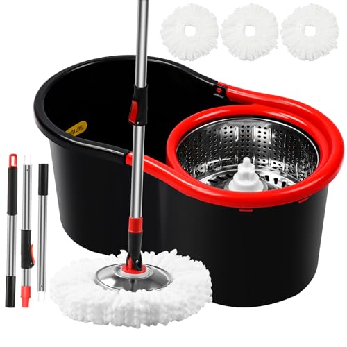 Spin Mop and Bucket with Wringer Set,360° Mop and Bucket System with 3 Microfiber Mop Refills and 50" Extended Handle for Floor Cleaning (Black)