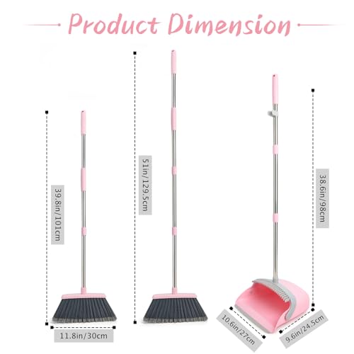 OOOFLOWER Broom and Dustpan Combo Set, Long Handle and Standing Dust Pan with Comb Teeth, Efficient Floor Cleaning for Kitchen, Outdoor, Dorm, Apartment, Office Lobby (Pink Gray)