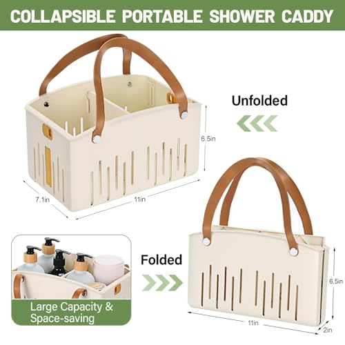 Homiton Portable Shower Caddy Collapsible Plastic Shower Basket Tote with Handles Removable Divider, Cleaning Caddy Storage Organizer for Bathroom College Dorm (White)