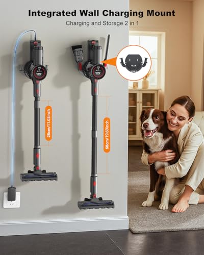Prasky Cordless Vacuum Cleaner, Stick Vacuum Rechargeable, 550W 45KPA Powerful Suction Lightweight Vacuum Cleaners for Home, Anti-Tangle, Self Standing for Pet Hair Hardwood Floor Carpet - Black