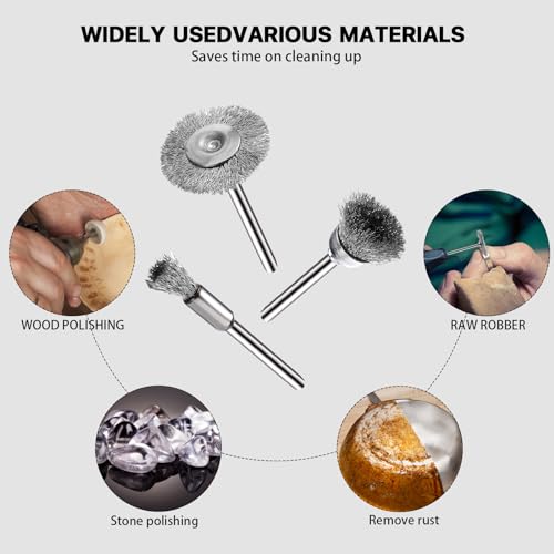 EASYIKI 15 Pieces Stainless Steel Wire Brushes, Wire Brush Wheel, Steel Wire Polishing Wheel Kits for Dremel Rotary Tools (1/8 Inch Mandrel)