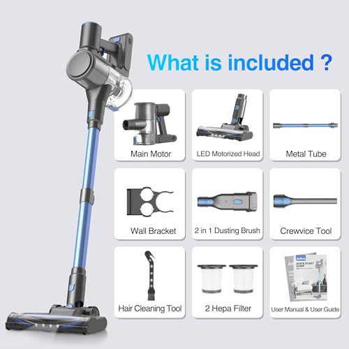 Zefiro Cordless Vacuum Cleaners for Home, 450W /40Kpa 50Mins Stick Vacuum Cleaner, Anti-Tangle Rechargeable Wireless Vacuum for Pet Hair/Carpet/Hardwood Floor