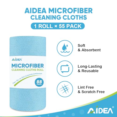 AIDEA Microfiber Cleaning Cloth Roll, Blue Shop Towels 55 Sheets Washable, Microfiber Towels for Cars, Blue Rags Reusable Paper Towel for Automotive, Workshop, House, Kitchen, Cleaning Supplies11×9"