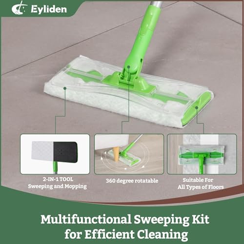 Eyliden Sweeper Mop with 36 Refills - 3 Types of Disposable Dry & Wet Cloths | Lock-Tight Design No Lost Pads, Universal Refills, Multi-Surface Sweeping Starter Kit for Pet Hair, Dust, Floor Cleaning