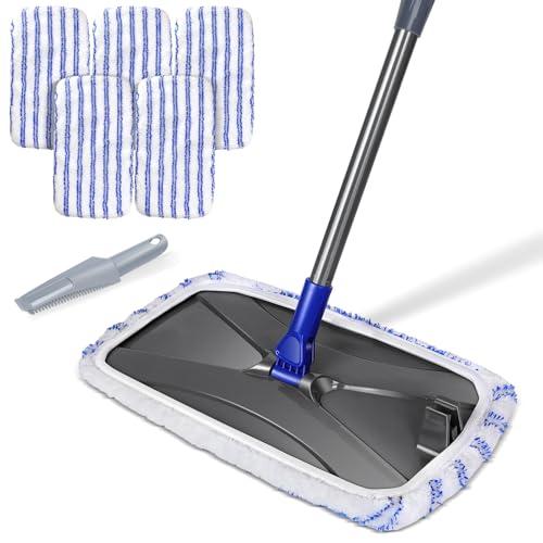 MASTERTOP Microfibre Flat Mop, Extended Wet Dry Large Floor Mop with 5 Reusable Pads & Telescopic Handle, Dust Mops for Laminate Wooden Hard Floor Vinyl Tile Floors Cleaning - Send 1 Cleaning Scraper
