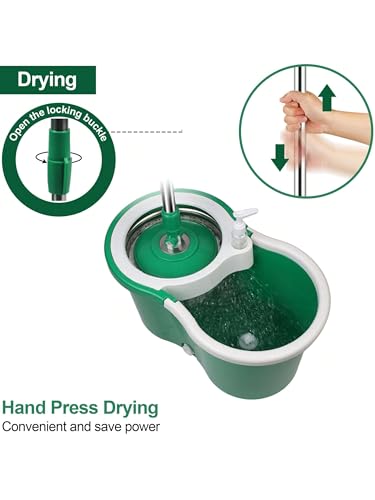 Spin Mop and Bucket with Wringer Set, 360° Spinning Mop Bucket System with 3 Microfiber Mop Replacement Heads, Adjustable Handle for Floor Cleaning (Green)
