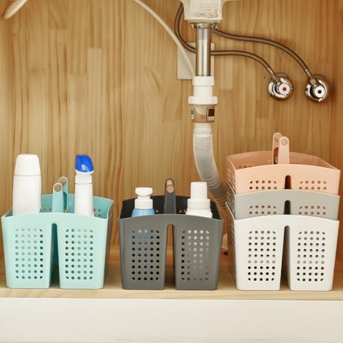 PAKCHOICE Portable Shower Caddy Basket with Wood Handle, 3-Compartment Bathroom Organizer Tote with Drain Holes, Plastic Shower Basket for Dorm, Toiletries, Cleaning Supplies, Dark Gray