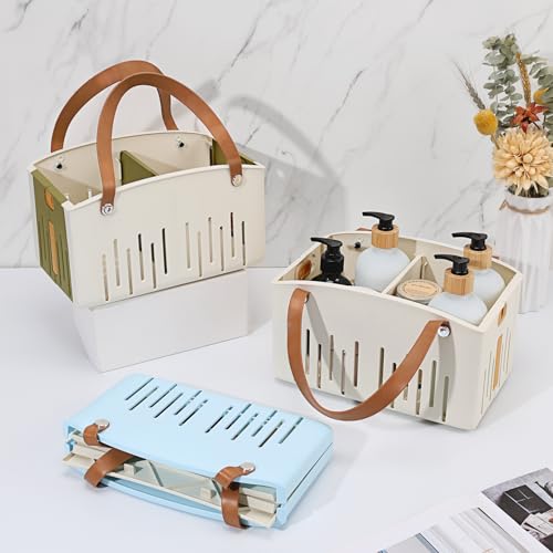 Homiton Portable Shower Caddy Collapsible Plastic Shower Basket Tote with Handles Removable Divider, Cleaning Caddy Storage Organizer for Bathroom College Dorm (White)