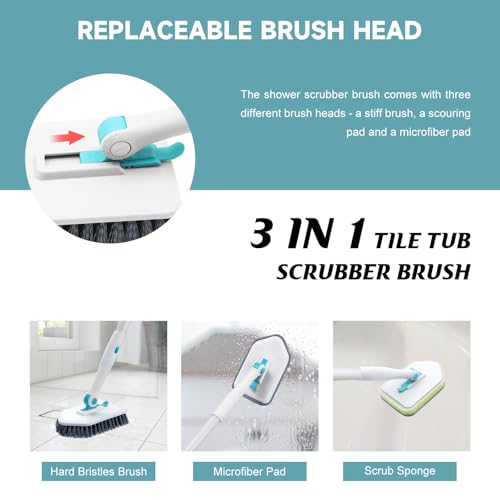 nacena Shower Scrubber with Long Handle, 3 in 1 Tile Tub Scrubber Brush with 3 Detachable Cleaning Heads Adjustable Handle Shower Cleaner Brush for Bathroom, Kitchen, Toilet, Wall, Sink, Blue White