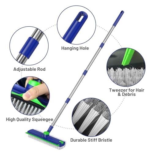 EHADOO Floor Scrub Brush with Long Handle: 3 in 1 Heavy-Duty Floor Scrubber Brush with Squeegee for Cleaning Tile Bathroom Deck Kitchen Patio - Blue
