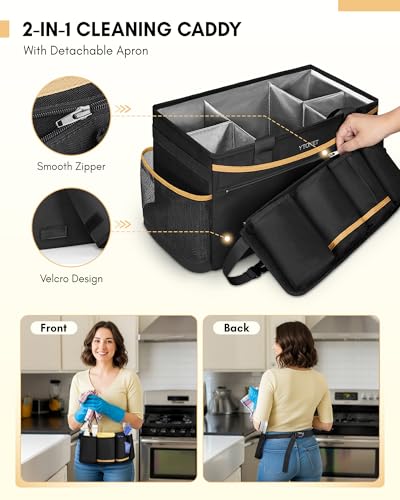 Ytonet Cleaning Caddy Bag with Detachable Apron, Extra Large Cleaning Supplies Organizer with Foldable Dividers, Portable Cleaner Tote with Handle, Cleaner Caddy for Housekeeper, Detailing Bag, Black