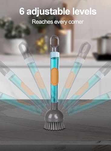 CuLiDing Soap Dispensing Dish Brush with Handle, 360° Rotating Head, 5-Piece Kitchen Cleaning Set (2 Brush Heads & 3 Sponges), Non-Scratch Scrubber for Pot, Pan, Sink, Leak-Proof Dishwand, Grey
