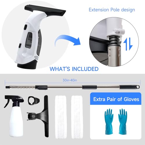 Window Vacuum Squeegee Cordless, Window Vacuum Cleaner with 2000Pa Streak-Free Suction, 30–40" Extension Pole, 11-Inch Cleaner Tool for High Windows, Shower Glass, Tiles & Mirrors