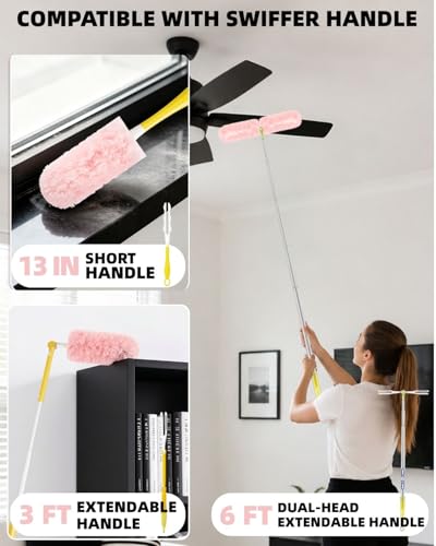 Nicemiya 30 Count Pink Duster Refills Compatible with Swiffer Handle, 360° Multi-Surface Duster Refills with 1 Handle, 5X Microfibers Disposable Dusters for Home, Office Cleaning