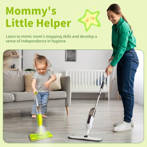 Lullulii Kids Spray Mop, Fun & Functional Toddler Mop Cleaning Set,Real Working Mini Mop, Pretend Play Toy –Includes Spray Bottle,Washable Microfiber Pads, Montessori Kids Cleaning Toy Set -Green