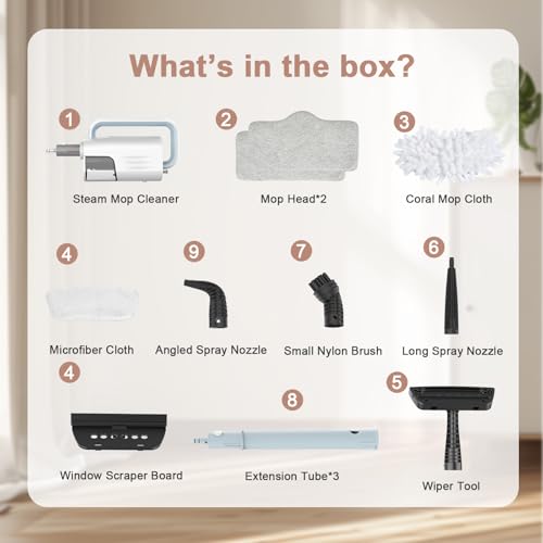 Steam Cleaner, 6 in1 Rotated Steam Mop Cleaner with 2 Modes, 2 Microfiber Pads, 400ML Removable Tank, 23FT Power Cable, Detachable Steam Mops for Floor, Laminate Floor, Tiles Cleaning (Ice Blue)