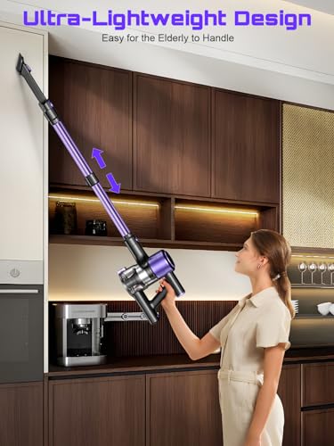 Cordless Vacuum Cleaner, 10 in 1 Stick Vacuum with Powerful Suction, Hose, Green LED Light, Anti-Tangle Brush, Lightweight Rechargeable Vacuum Cleaner for Home, Hardwood Floors,Pet Hair (Purple)