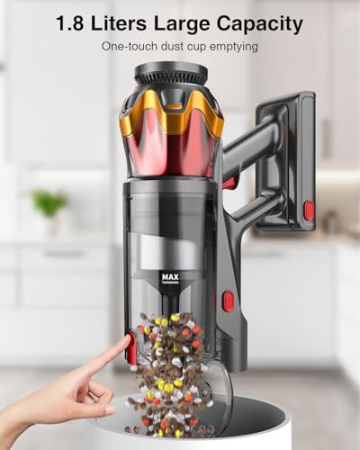 Cordless Vacuum Cleaner, 650W/55KPa 70Mins Vacuum Cleaners for Home, Self-Standing Stick Vacuum with Anti-Tangle Brush & OLED Touch Screen, Vacuum Cleaner for Hardwood Floors,Carpet,Pet Hair,Car (Red)