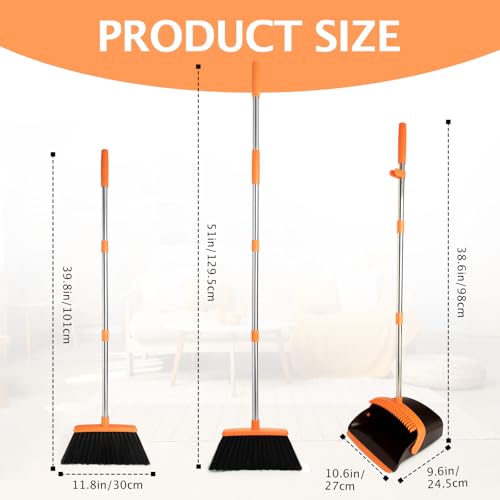 XXFLOWER Broom and Dustpan Set,Dustpans with Broom Combo for Home,Heavy Dust Broom and Dustpan Combo,Long Handle Dust Pan and Broom Set for Kitchen Office,Pet Hair(Brown Orange)