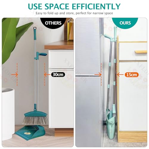 XXXFLOWER Broom and Dustpan Set with Cleaning Teeth, 55" Long Handle Indoor Sweeping Combo for Home Office Kitchen, Bluish Green