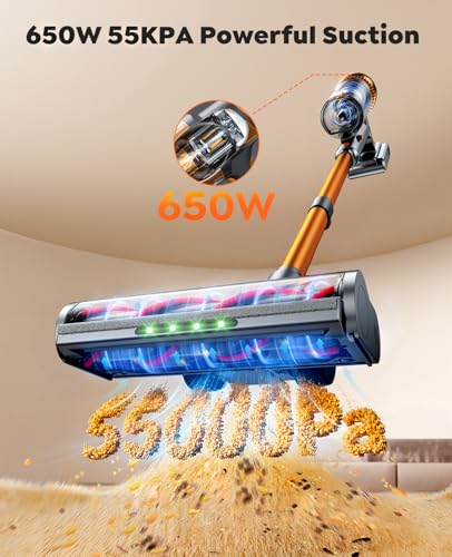 EzyTidy Cordless Vacuum Cleaner, 55KPa 650W 70Mins Stick Vacuum Cleaners for Home, Self-Standing Handheld Vacuum with 3.3Ft Extendable Hose, LED Touch Screen for Pet Hair/Floor/Carpet