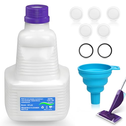 1 Pack Refillable Bottle for Swiffer Wet Jet Mop - 500ML Leak-Proof HDPE Empty Cleaner Solution Bottle with 5 Silicone Gaskets & 1 Funnel Wood Care & Pet Safe, Eco-Friendly