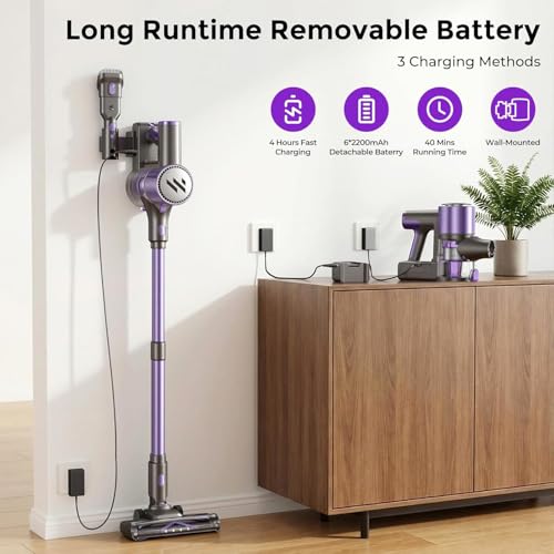 Cordless Vacuum Cleaner,Vacuum Cleaner for Home with Brushless Motor,Lightweight Stick Vacuum with Self-Standing and Touch Screen,Hardwood Floor Vacuum for Pet Hair,Carpets,Tile(Eggplant Purple)